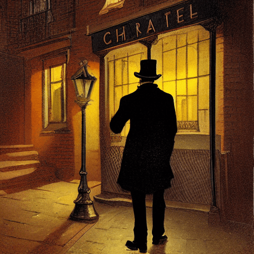 AI generated: film noir charicature of jack the ripper character stood questioning the viewer in a 19th century Lo...