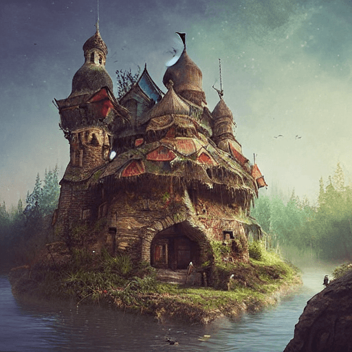 AI generated: Adobe photoshop terrarium fantasy medieval ancient russian village on floating rock photo manipulati...