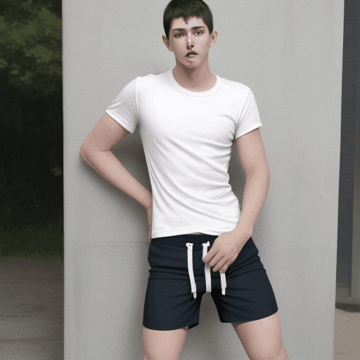 AI generated: big bulge between the legs, big sticking out of the shorts, young man, slender boy, dignity sticking...