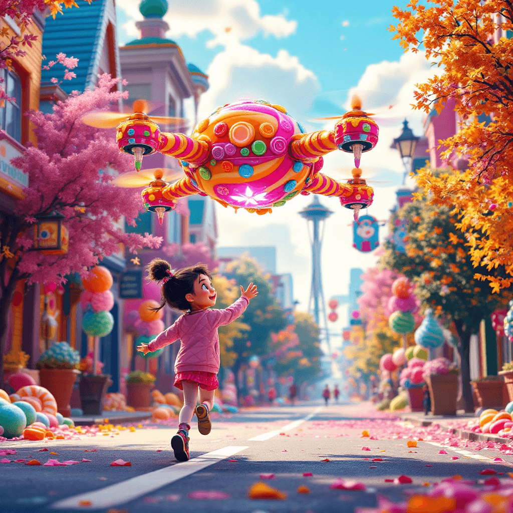 AI generated: Lily, full of excitement and curiosity, is running through the vibrant streets of a Pixar-like versi...
