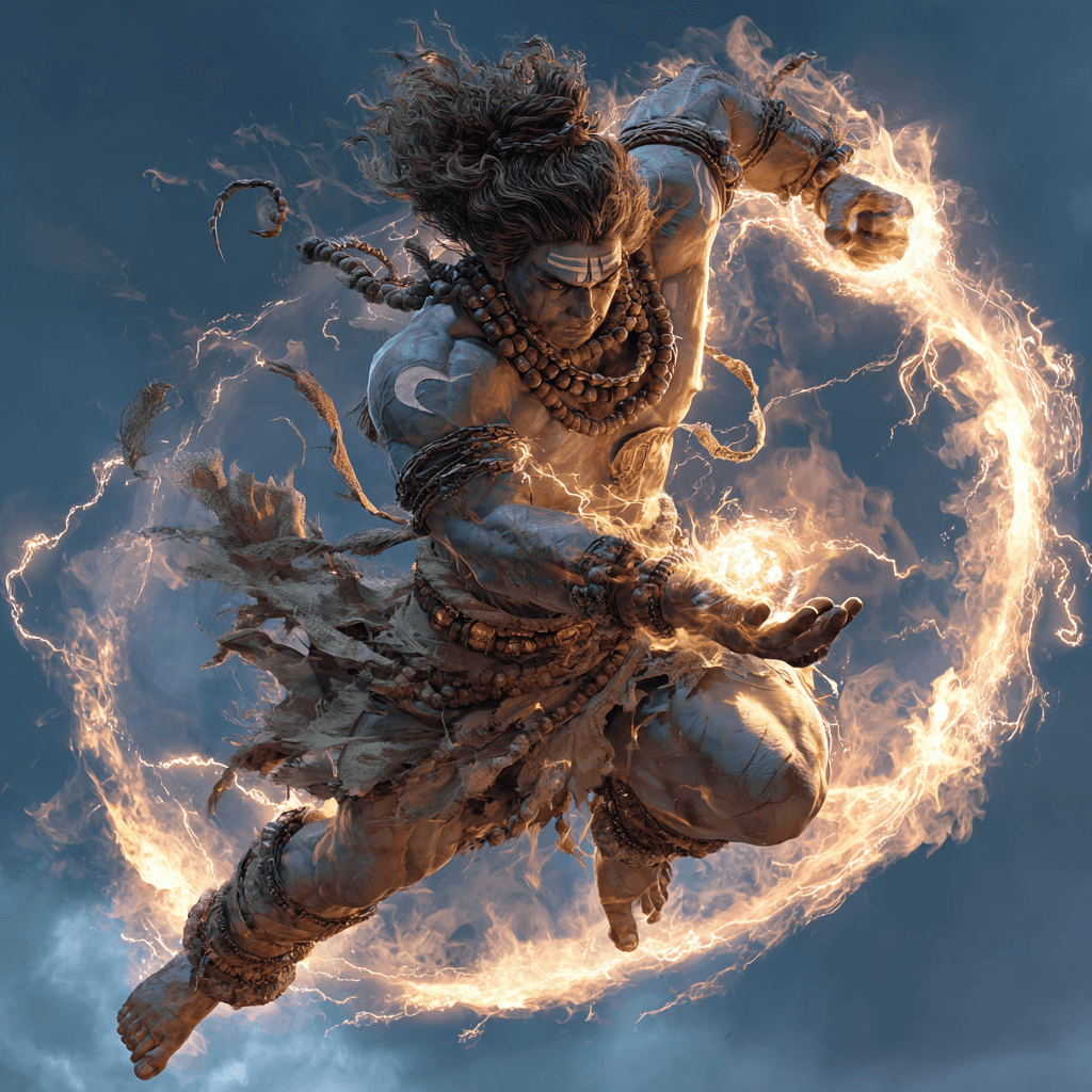 AI generated: hyperrealistic Lord Shiva performing the Ugra Tandava in a fiery cosmic battlefield, his wrathful en...