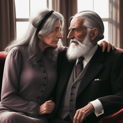 AI generated: realistic photograp of a 90-year-old man and woman loking at each other tenderly while sitting on a ...