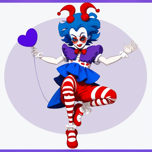AI generated: teddy, colorful jester character with blue hair and big eyes, wearing red shoes and a clown costume,...