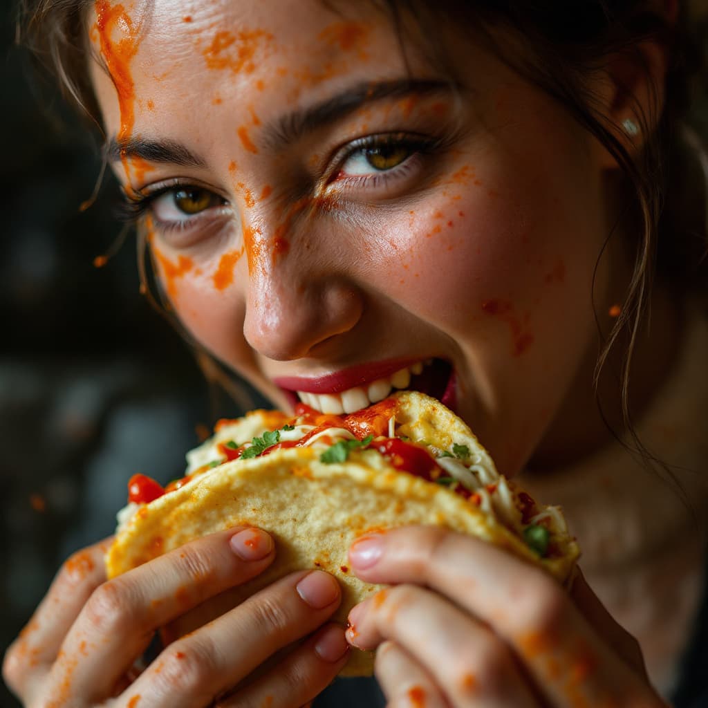 AI generated: A pretty girl chewing on a very spicy, hot and big taco with a extremely high Scoville count, it mak...