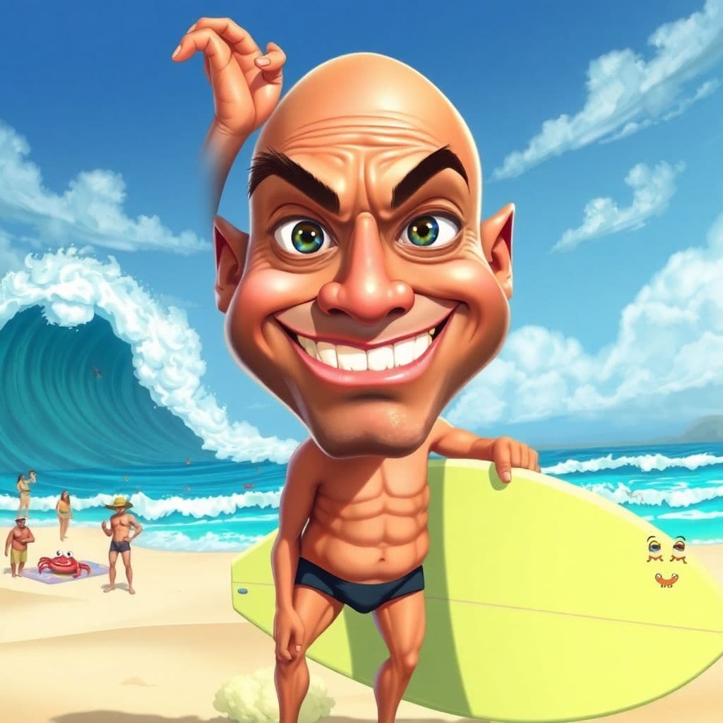 AI generated:  a humorous, exaggerated caricature of Dwayne Johnson. His face has oversized, intense eyes with one...