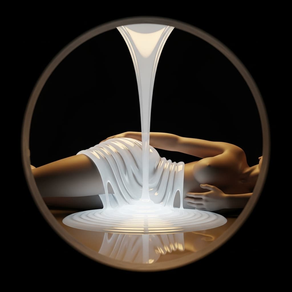 AI generated: Close-up slow motion shot of a glowing, viscous white substance oozing from a dark, circular opening...