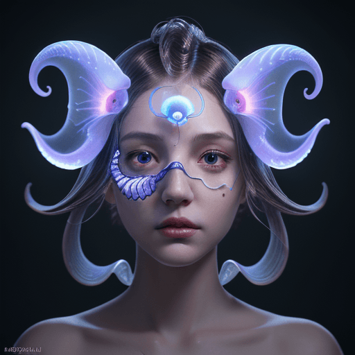 AI generated: Goddess close-up portrait ribcagel. jellyfish phoenix head, nautilus, orchid, skull, betta fish, bio...
