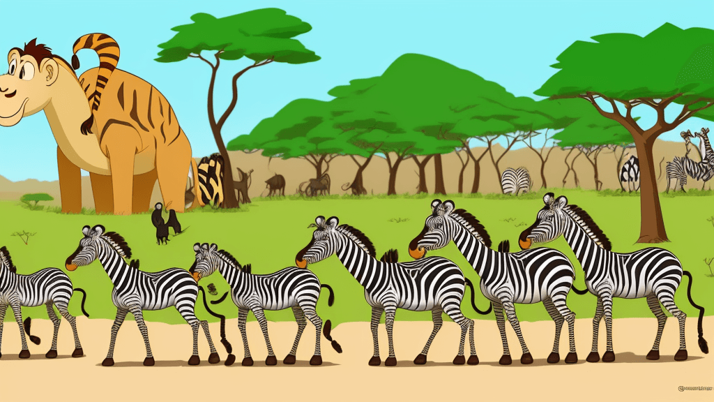 AI generated: lots of cartoon animals, monkeys and zebras in the african safari, in the style of animated gifs, co...