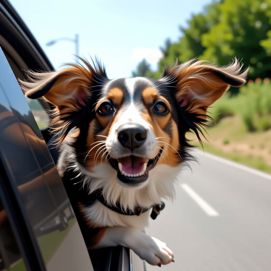 AI generated: A dog with its head out of a car window, ears flapping in the wind, pure exhilaration on its face. S...