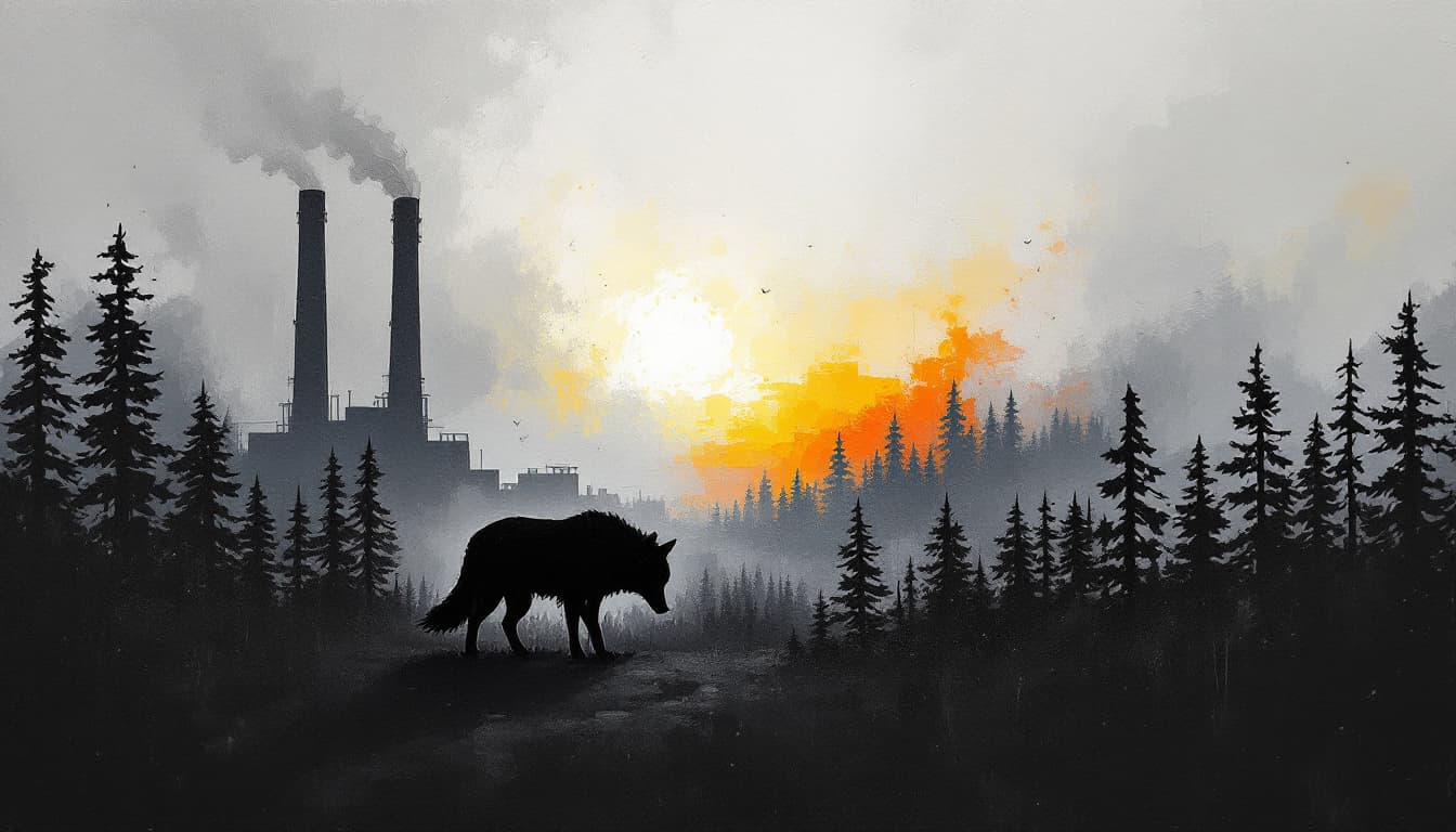 AI generated: oil painting, cardboard like silhouette of a wolf, head down, low tail, dramatic background, Pollock...