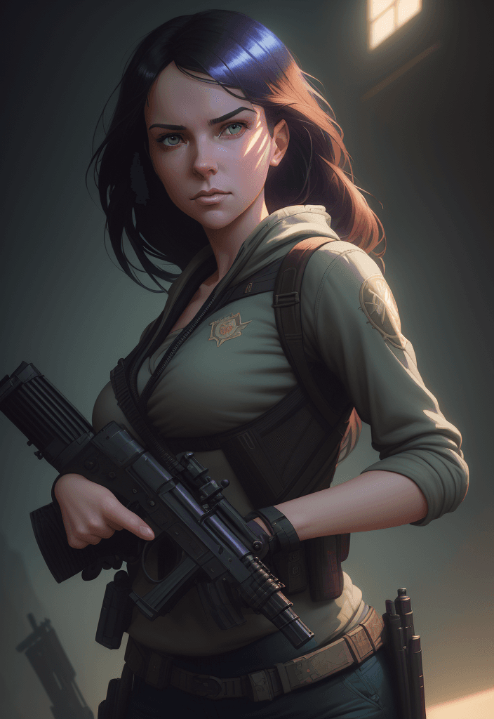 AI generated: beautiful woman holding a gun in her hand, forward facing focus, strong facial expression, close up ...