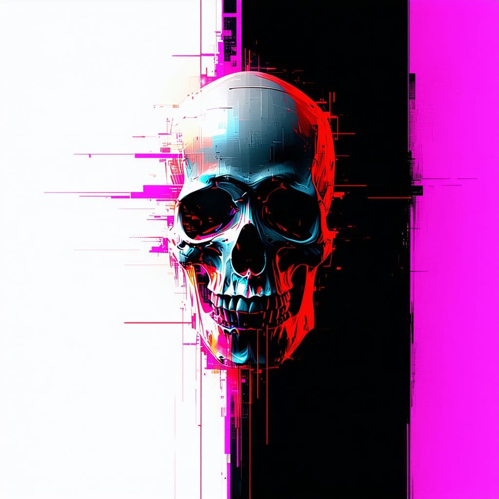AI generated: "A digital painting of a human skull, emerging from the border between light and darkness, with a gl...