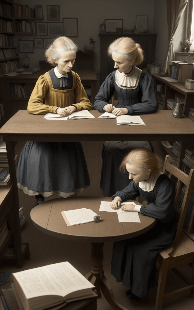 AI generated: Craft a poignant scene between Marie Curie and her sister, Bronislawa. Set it in their shared living...