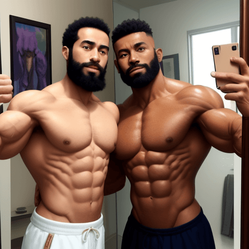 AI generated: arafed man (60 yearsold) , taking a selfie in a mirror with lean man with light tan skin, masculine ...
