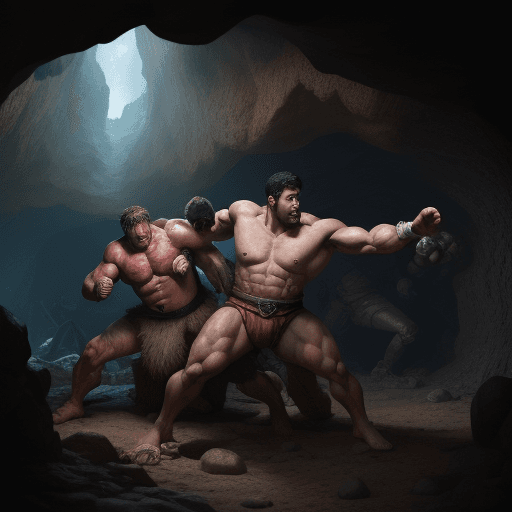 AI generated: giant men fighting in a cave, muscles, zach king, legendary champions, apocalyptic, anatomy masters,...