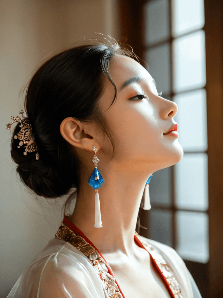 AI generated: A girl in ancient Chinese luxurious transparent silk Hanfu, profile view. Head back, upper body, cin...