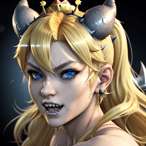 AI generated: Bowsette in the style of Akihiko Yoshida , sharp teeth, beautiful, smooth skin, blue eyes, blonde ha...