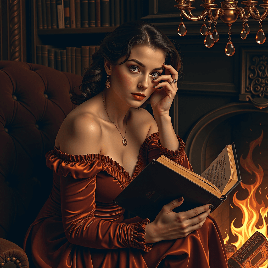 AI generated: A Victorian Femme Fatale in a luxurious, dimly lit Victorian library during a late-night reading ses...