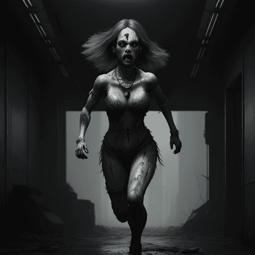 AI generated: A mutant hostile girl is chasing us, necklace, gray lighting, painful, deformed , pessimistic atmosp...