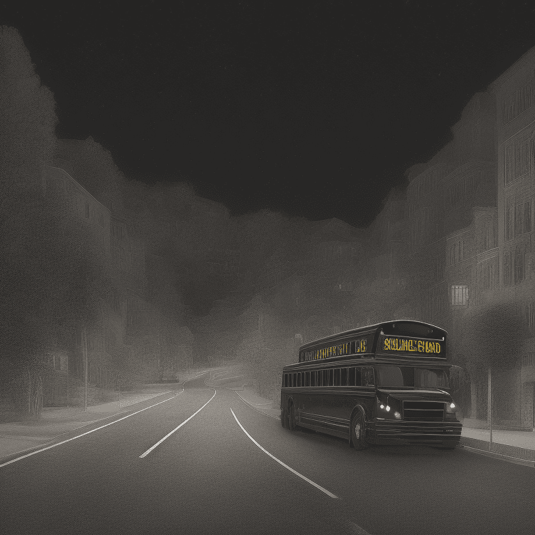 AI generated: big glossy black school bus at a distance on a hill, intricate details, in the middle of the night, ...
