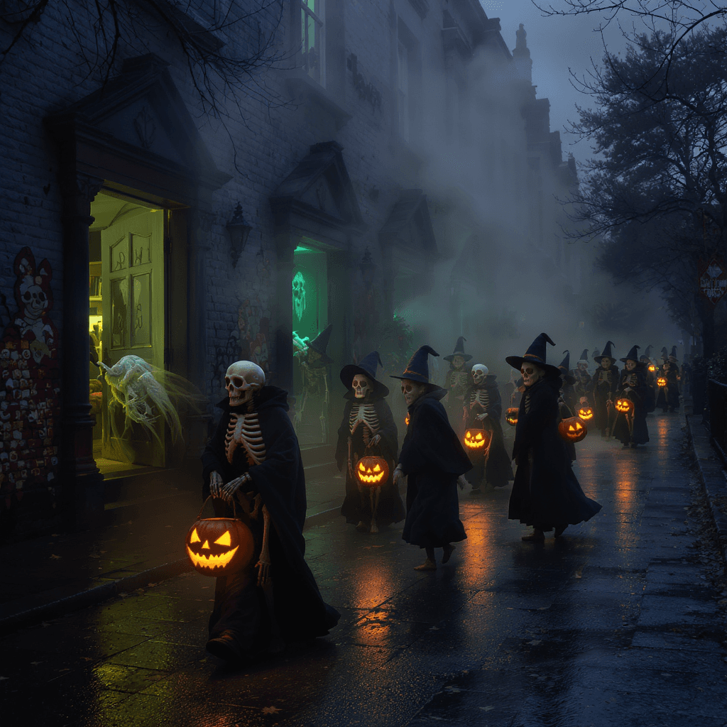 AI generated: The Trick-or-Treat Parade of Spirits — skeletal with glowing jack-o’-lantern buckets wander misty st...