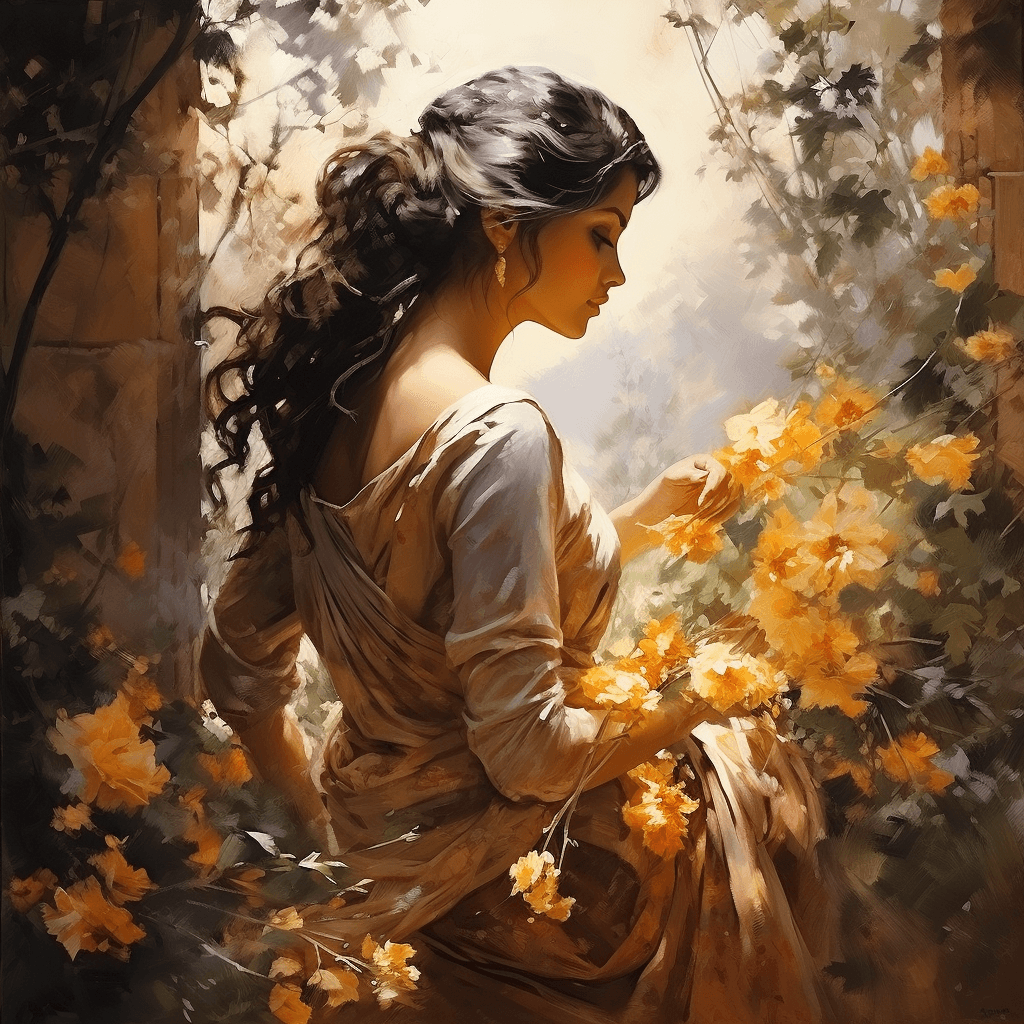 AI generated: An opulent depiction of a beautiful Indian woman in an elegant saree, surrounded by a lush garden fi...