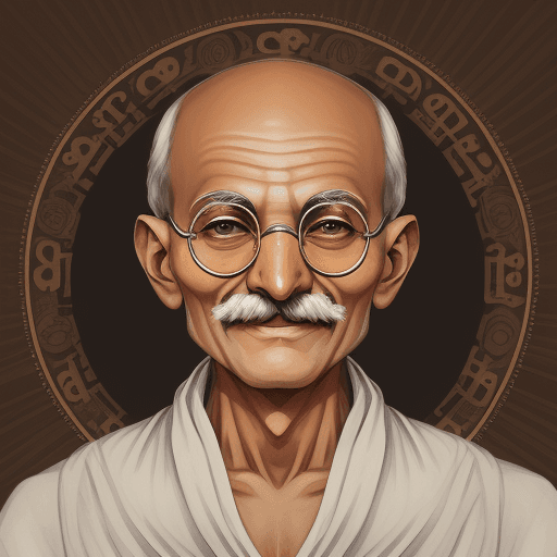 AI generated: Mahatma Gandhi ilustration with round glasses happy smiling eyes india folk dress crypto peacecoin b...