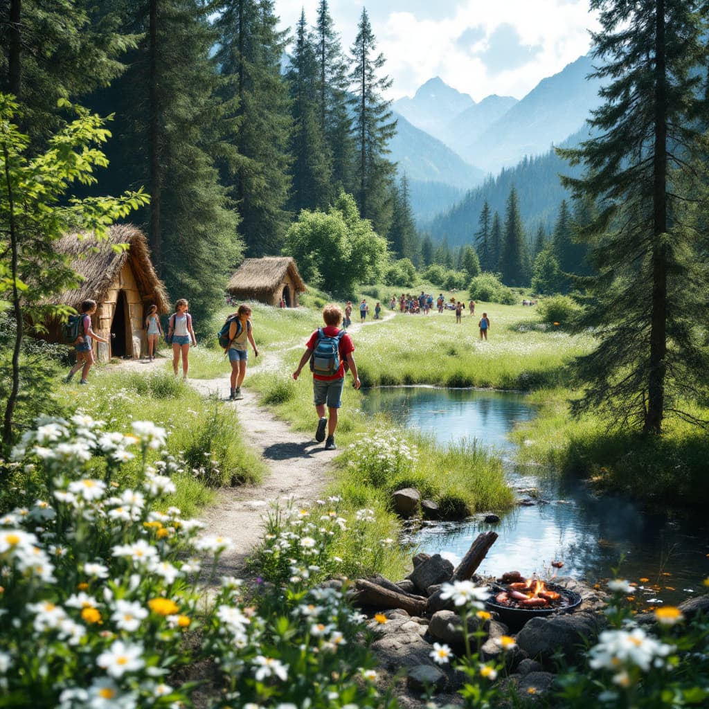 AI generated: A vivid summer school trip scene with joyful 10-year-old children hiking through a green mountain fo...