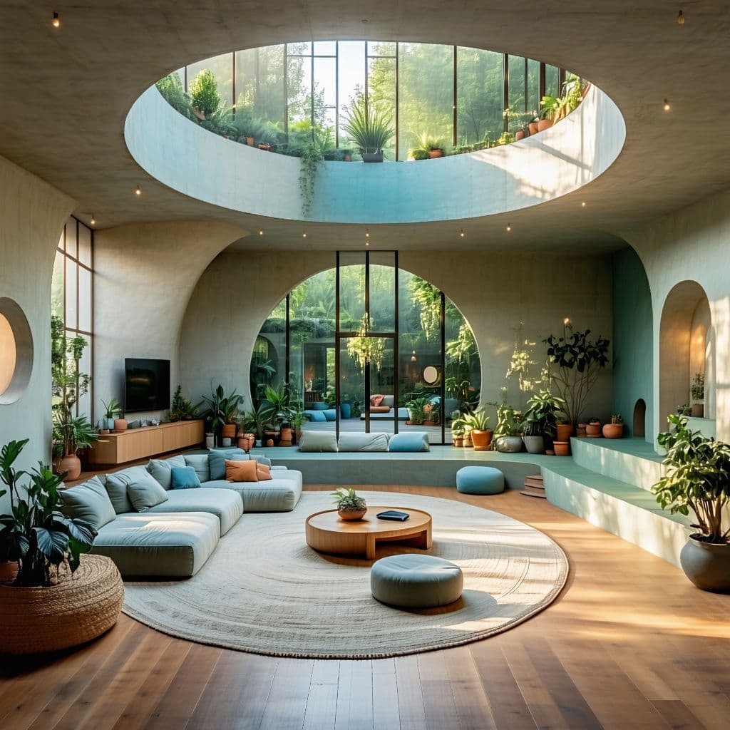 AI generated: High resolution photography interior design, dreamy sunken living room conversation pit, wooden floo...