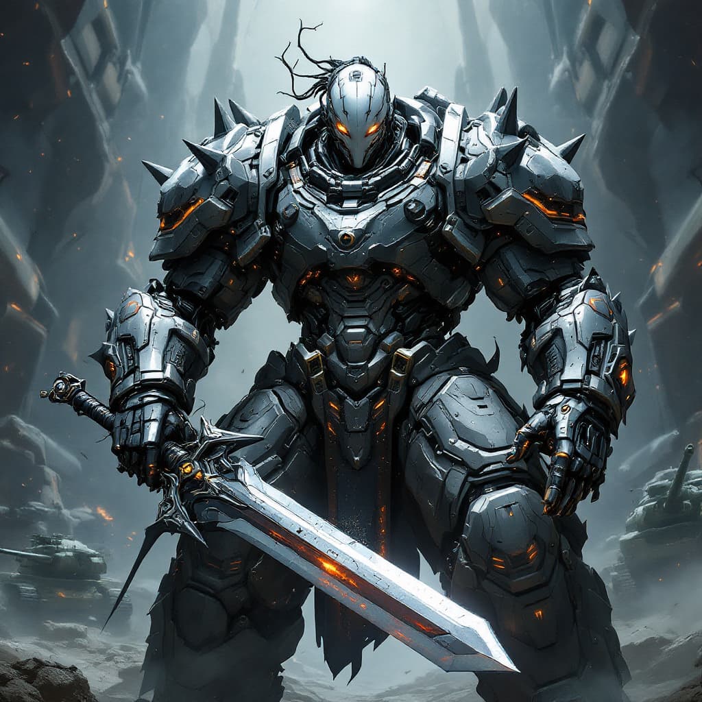AI generated: half cyborg half human face, powerful heavy arms very large, heavy armor, full body pose, cyberpunk ...