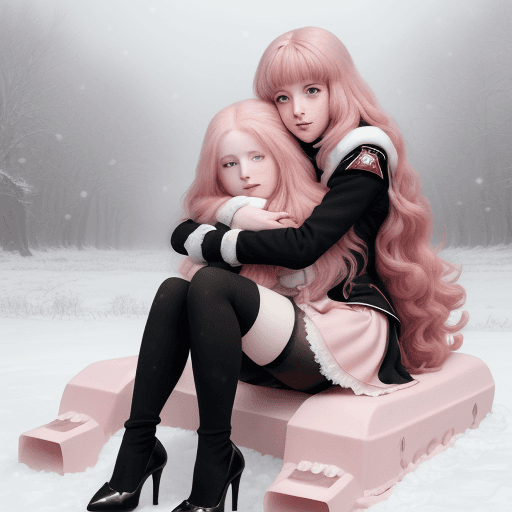 AI generated: Louise le Blan de La Vallière de Tristain, anime, sit on snowy camouflage riding tank and hug hersel...
