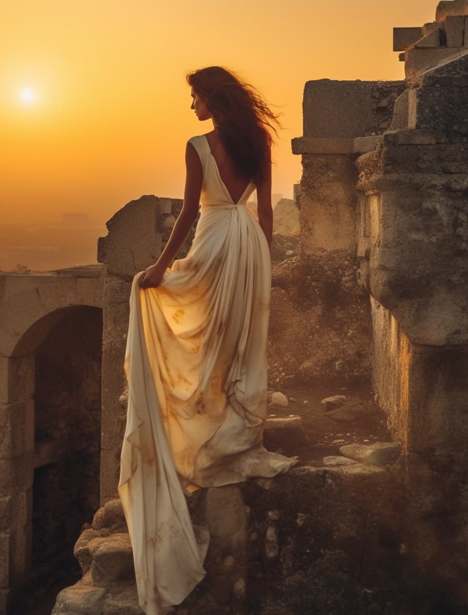 AI generated: a woman in a white dress standing on a ledge, looks like ebru şahin, sunset photo at golden hour, st...