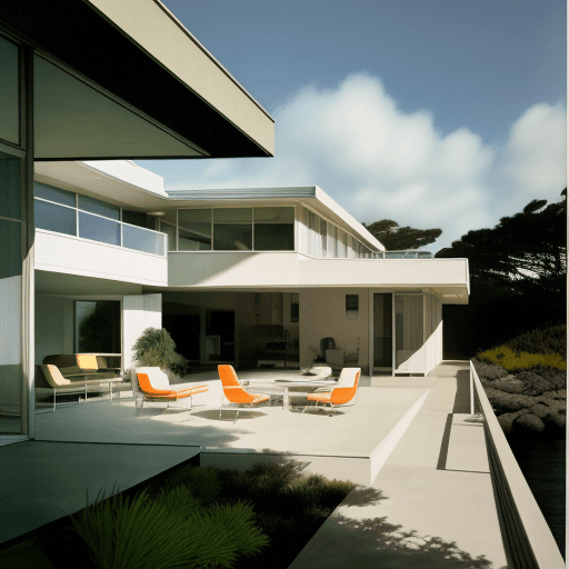AI generated: Hyper realistic eye level exterior photo of a mid century modern style house overlooking the ocean, ...
