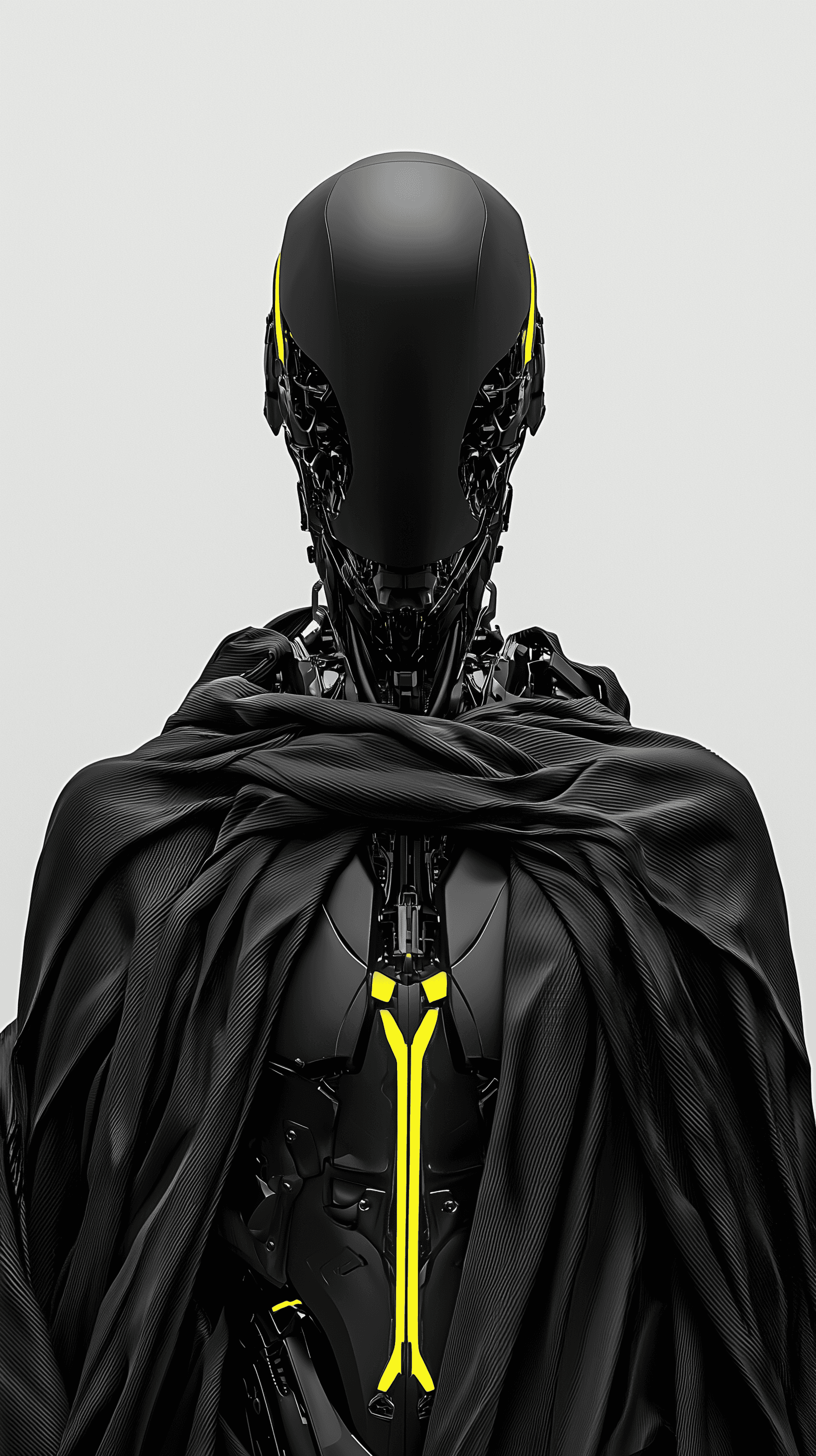 AI generated: futuristic figure, cyberpunk, front shot, gaze, featuring a black metallic and body with green and y...
