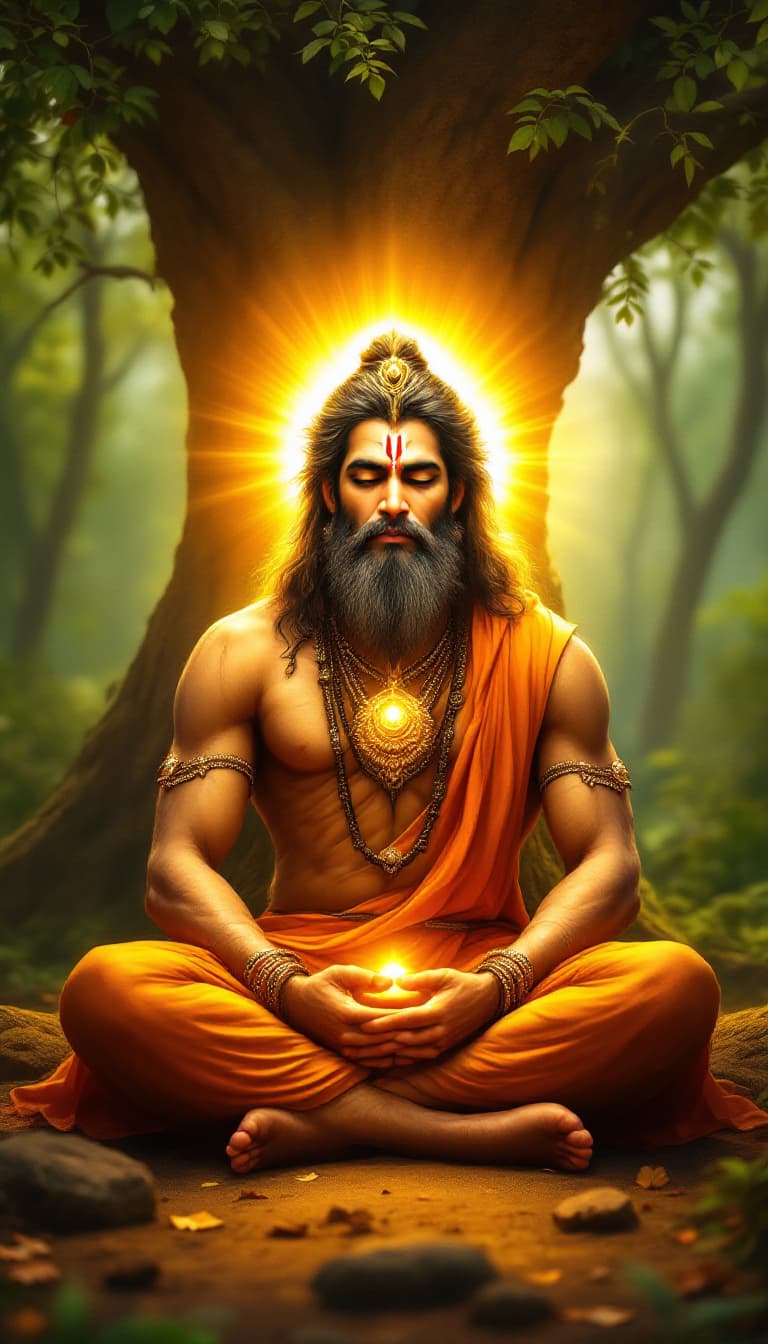 AI generated: Lord Hanuman sitting in deep meditation, chanting Ram Naam, sitting in a peaceful forest under a tre...