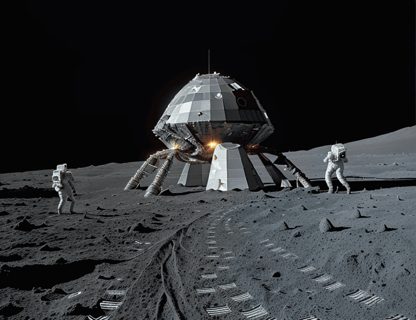 AI generated: partially buried alien spaceship, excavation site on the Moon, astronauts, lunar vehicles, lunar sur...