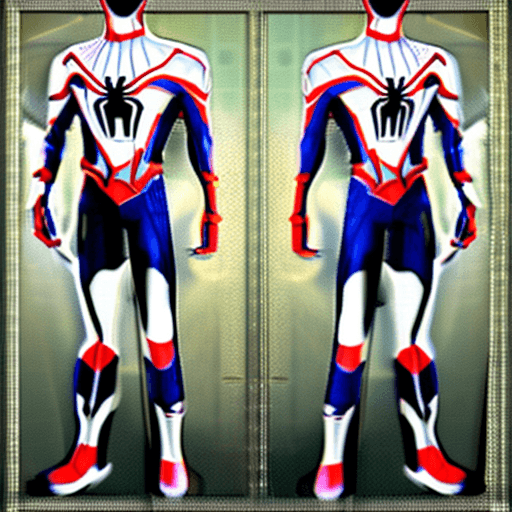 AI generated: High resolution, full body, futuristic spiderman, his suit should be white with gold and marquise bl...