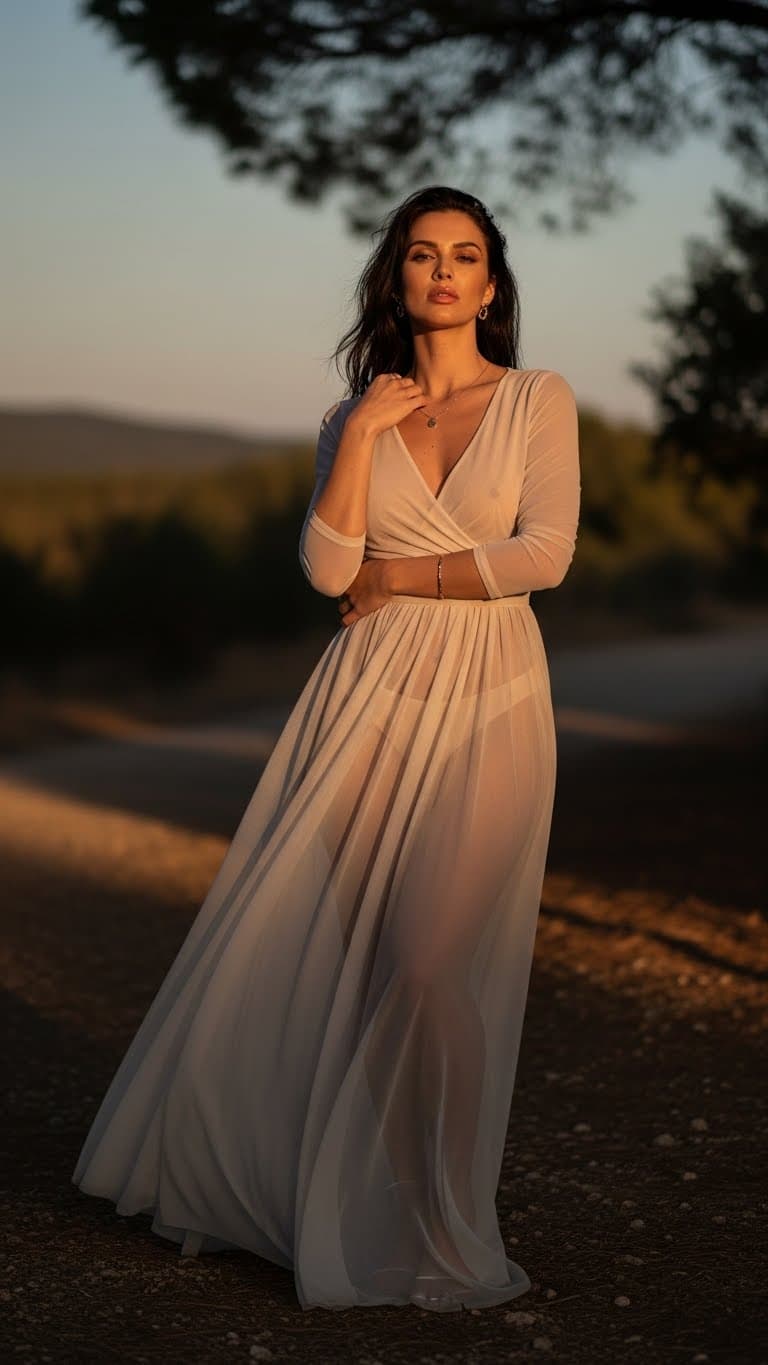 AI generated: Truly beautiful confident woman wearing a sheer dress outdoors