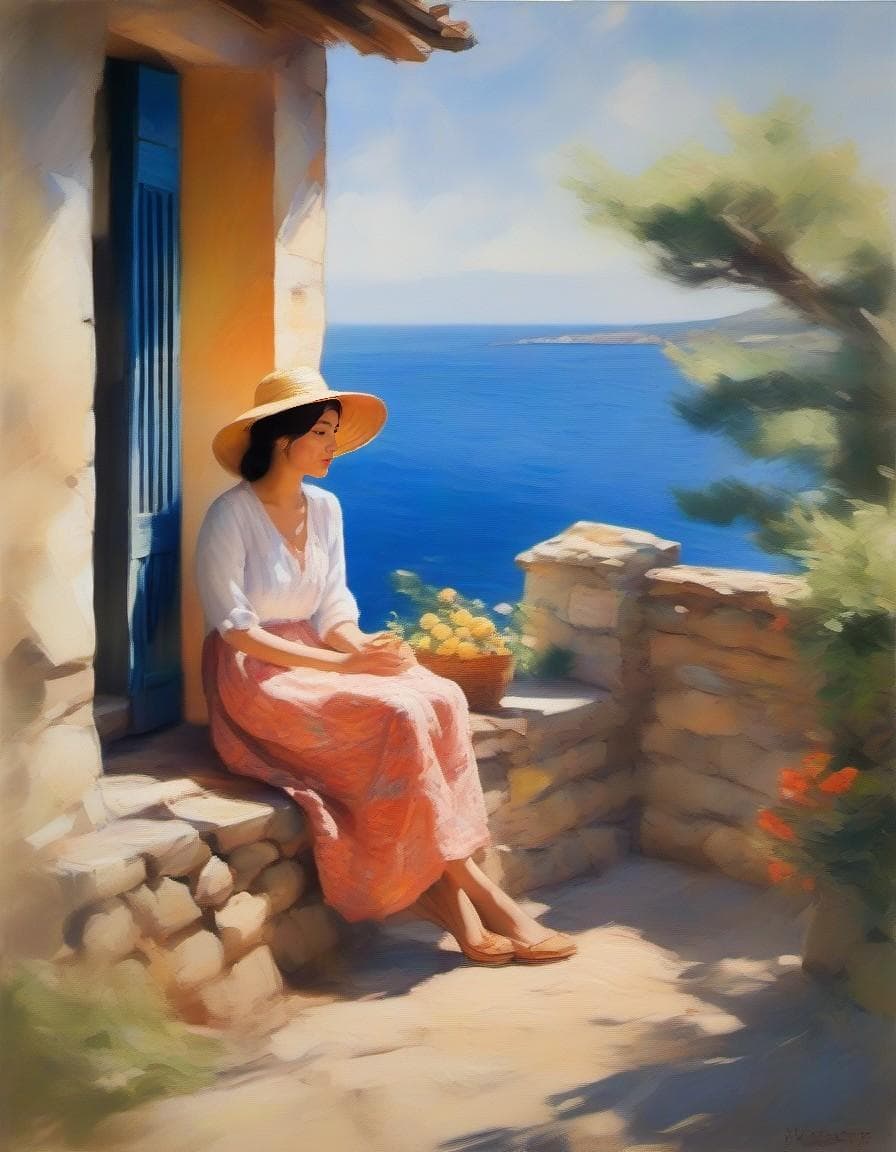AI generated: Impressionist painting of a woman in a summer dress and straw hat sitting on the stone wall of an ol...