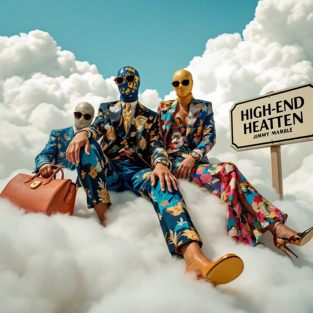 AI generated: A photo of an eccentric GROUP OF ACCESORIES AND DESIGNER CLOTHING on top of white fluffy clouds Tom ...