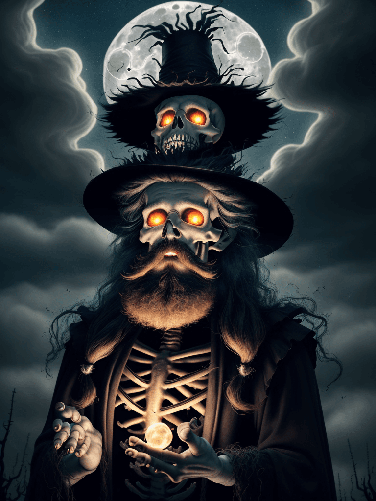 AI generated: arcane skeleton sorcerer summoning ancient spirits, hair made entirely of cobweb fibers, fiery deep ...