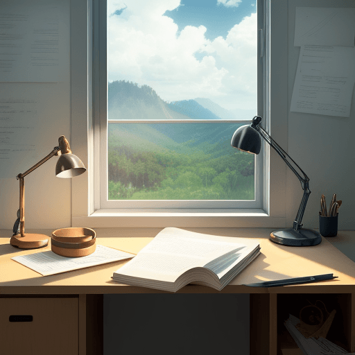 AI generated: 

realistic picture|beautiful heartwarming desk|window opening to a beautiful view by the desk|tiny ...