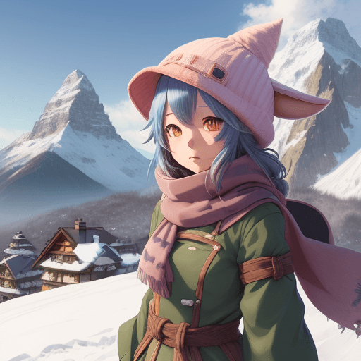AI generated: anime girl with a cat hat and a scarf standing in front of a mountain, crisp clear rpg portrait, aya...