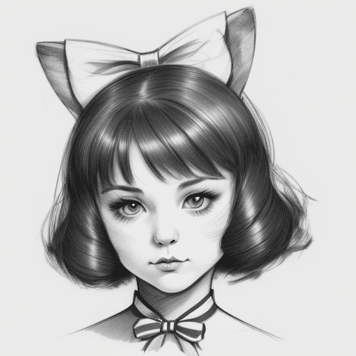 AI generated: sketch of a kitten wearing a big ribbon on head, expressive line-work, in the style of beautiful por...