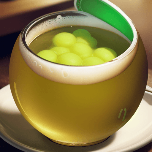 AI generated: tennis balls floating in a cup of soup next to an empty beer bottle