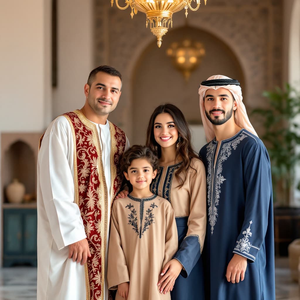 AI generated: A family of five poses for a photo in a riad in Fez, Morocco. The family consists of a father, a mot...
