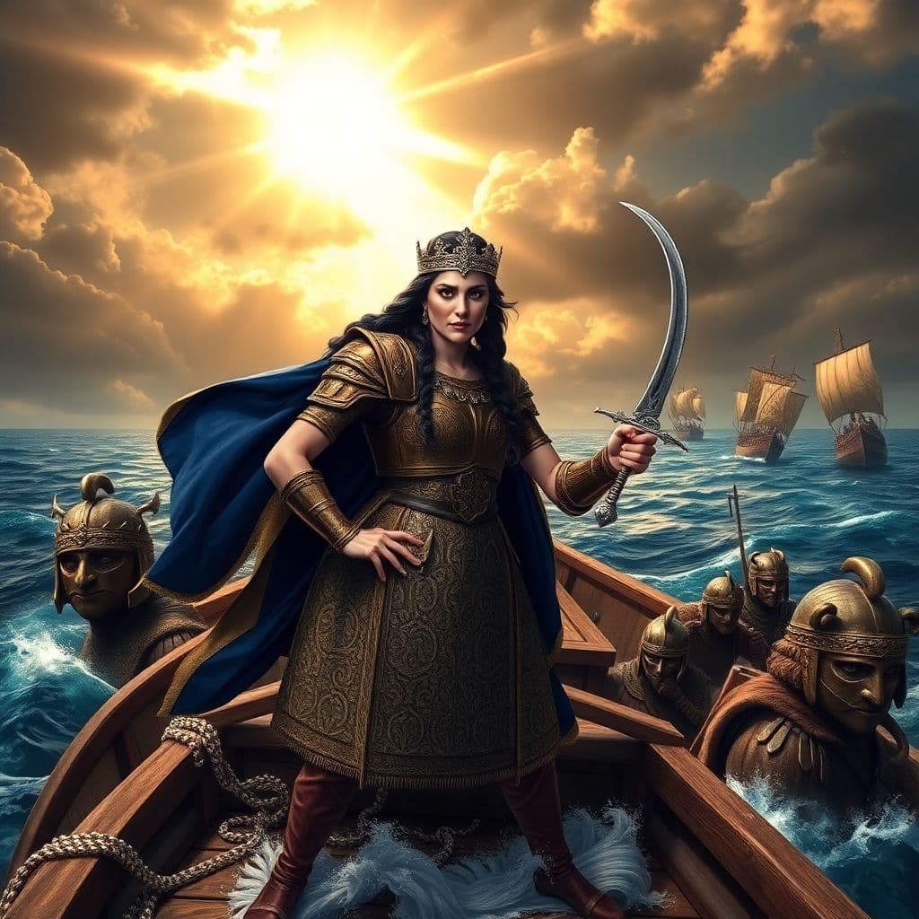 AI generated: Prompt: A powerful and determined Queen Teuta of Illyria stands at the prow of her warship, sailing ...