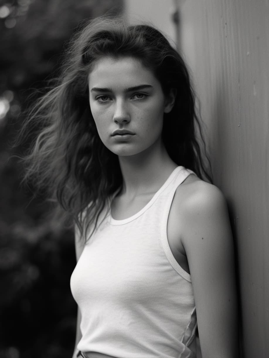 AI generated: a black and white photo of a woman in a tank top, in style of alasdair mclellan, young and slender, ...