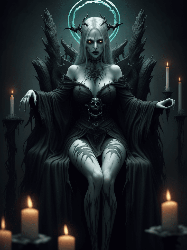 AI generated: "Create an 8k image of a haunting, undead sorceress standing atop a twisted, gothic throne, surround...