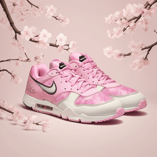 AI generated: Nike sneakers with feathers and boa, pure tones, cherry blossom, pink background, professional photo
